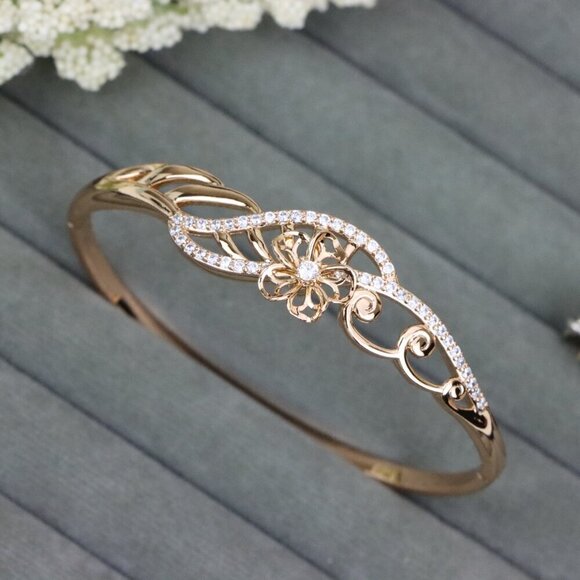 Elegant Floral Design Rose Gold Bangle with Crystal Accents, XPBL0592 - Picture 1 of 12